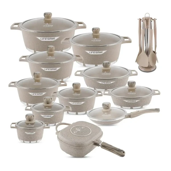 LIFE SMILE Cookware Set Granite Stone 29 Pieces - Pots and Pans set Multi Layer Granite Non Stick Coating Cookware Sets 100% PFOA FREE,Complete Kitchenware Cooking Sets and Frying Pans