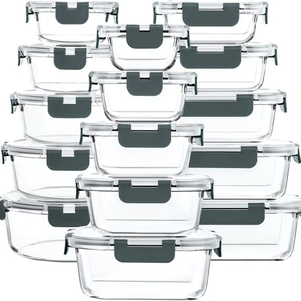 30 Pieces Glass Food Storage Containers with Snap Locking Lids,Glass Meal Prep Containers Set - Airtight Lunch Containers, Microwave, Oven, Freezer and Dishwasher