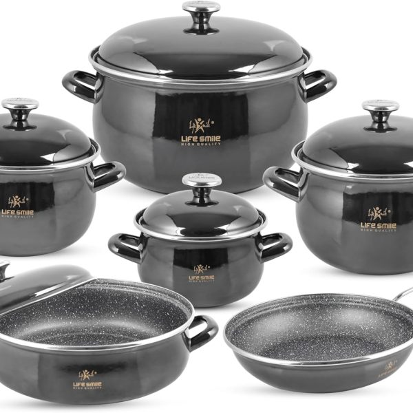 LIFE SMILE Cookware Set, 11-Pieces, Hybrid Enamel Exterior with Non-Stick Coating, Induction Compatible Cooking Set, Includes Cooking Pots, Low Pot and Frying Pan (Black)