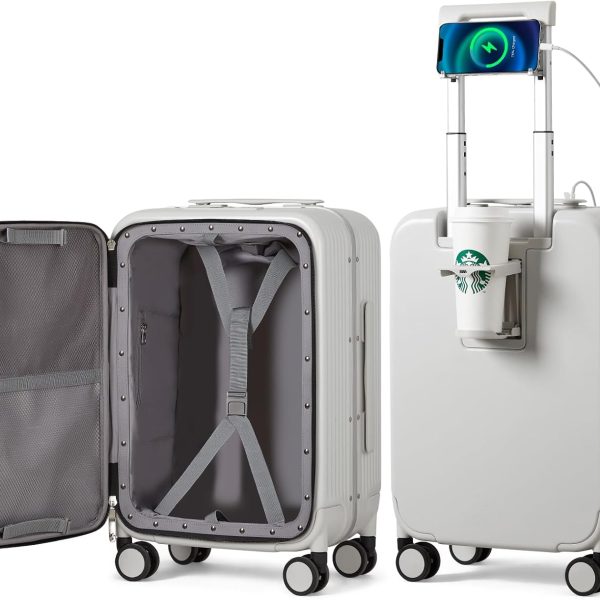 Grand Opening Limited-Time Offer：Mixi Carry On Luggage with Cup Phone Holder and Charger Hard Shell Suitcases with Spinner Wheels