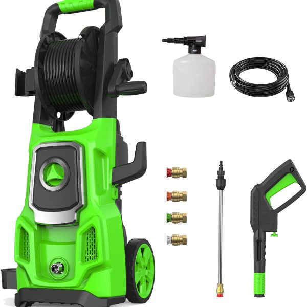 5000PSI Max Electric Pressure Washer, High Power 3.2 GPM, 20FT Hose with Storage Coil,35FT Power Cord 4 Different Tips Foam Cannon Power Washer, Foam Cannon, for Cars, Patios, and Floor Cleaning