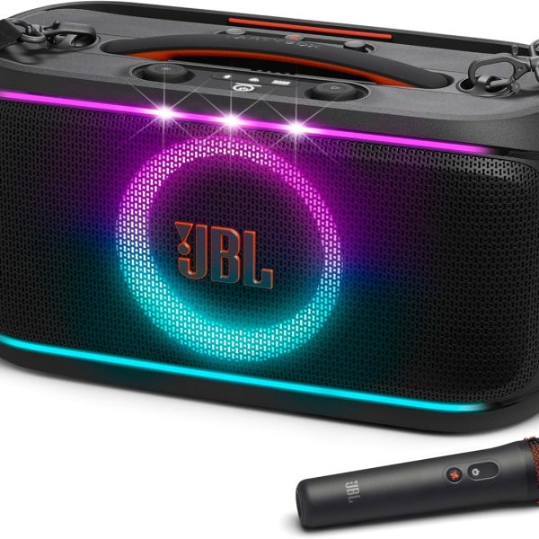 JBL PartyBox On-The-Go 2 - Portable Party Speaker with one Wireless Digital mic, Handle and a Shoulder Strap, Dynamic lightshow, Up to 15 Hours Playtime, Splash Proof & Auracast™